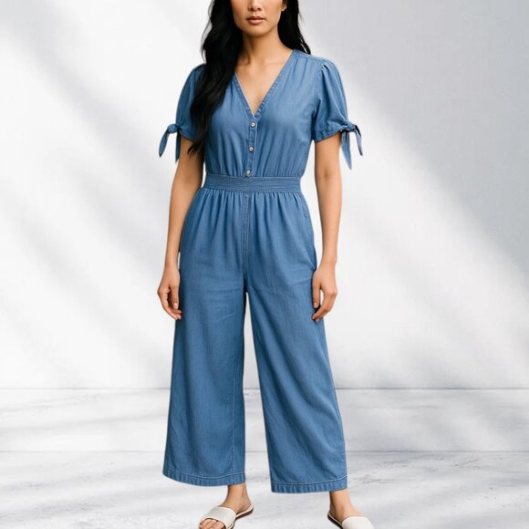 NWT ~ MICHAEL Michael Kors V-Neck Chambray Tie-Sleeve Jumpsuit ~ Blue ~ XXS - Picture 1 of 8